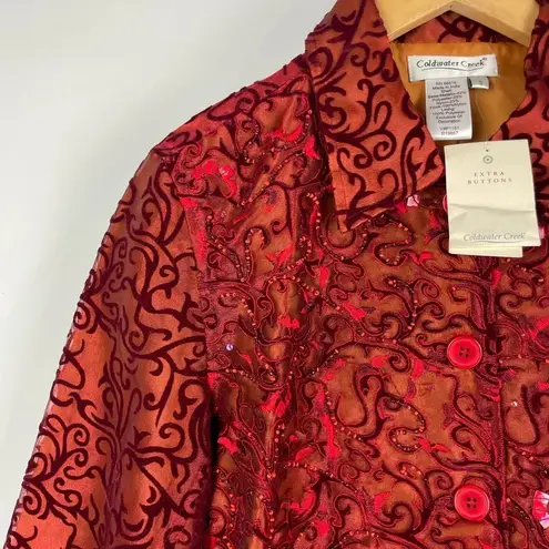 Coldwater Creek Red Beaded Sequined Burnout Scroll Button Up Collared Jacket