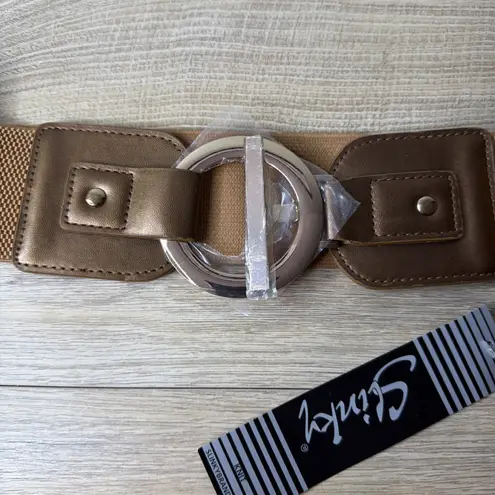 Slinky Brand Slinky Belt Knit Brown Cinch Wide Elastic Bronze Metallic Buckle Glam One Size