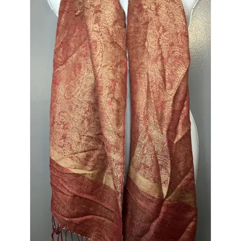 Scarf Womens One Size Red Gold Paisley 70% Pashmina 30% Silk Fringe