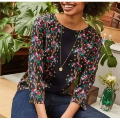 Boden Black Floral Long Sleeve Blouse 16 whimsi boho Y2K fairy pink blue flower