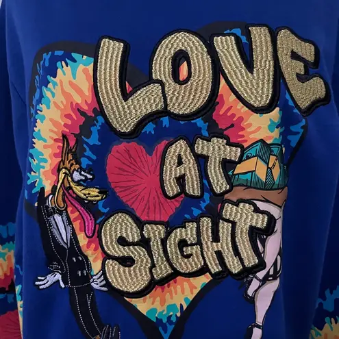 Blue Hoodie with Love at First Sight Graphic Vintage Sweater Tyedye sz Large