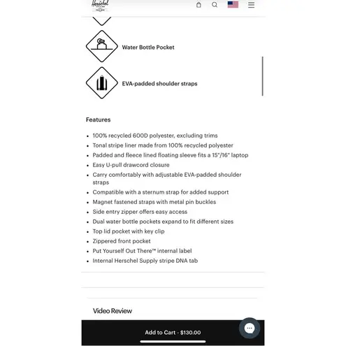 Herschel Supply Company Herschel Supply Co. Harvest Gold Little America Standard Travel Backpack 30L