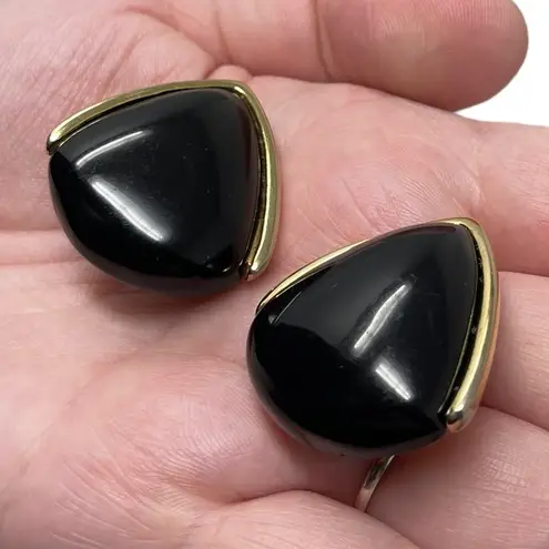 Monet Vintage Signed Gold Tone Black Acrylic Clip On Earrings Statement Classic