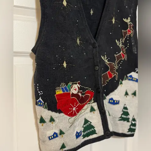 Women Vintage 90s Christmas Santa Reindeer Holiday Embroidered Beaded Vest Large Black