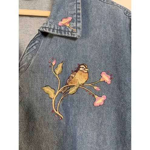 Isaac's Designs Denim Shirt Birds Women's L Embellished Button