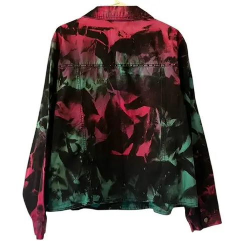 H&J Women Size 1X Water Color Print Denim Jean Jacket Artsy Buttons Cotton City