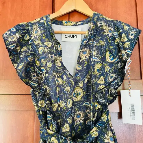Chufy Amalfi Dress Mini Floral Print Cotton Silk Embroidered Size Small NEW Blue