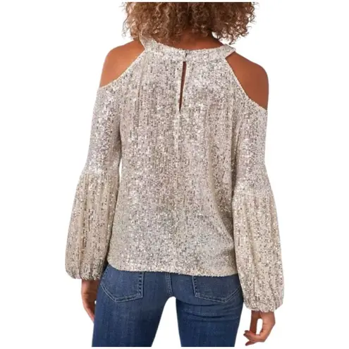 CeCe Womens Top Sz XL Silver Sequined Long Sleeve Cold-Shoulder Blouse New Years