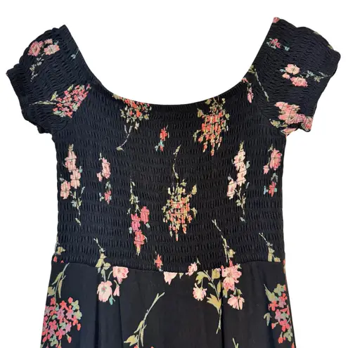 EXPRESS  Y2K VTG Side Slit Maxi Dress Black Dark Pink Floral Smocked Bodice Small