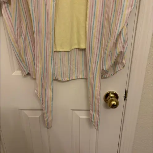 Vintage 80s Pastel Stripe Tie Front Shirt Pastel Coastal Retro Style 14 Yellow