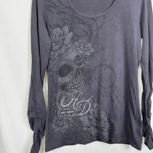 Y2K Harley Davidson Redding Womens Long Sleeve Skull Rose Graphic Tee XL Gray