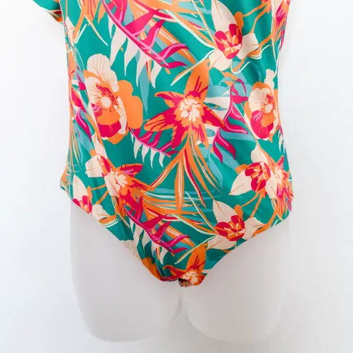 NWT Maree Maree One Shoulder Floral Print Ruffle Swimsuit US 8 Tropical Resort Green