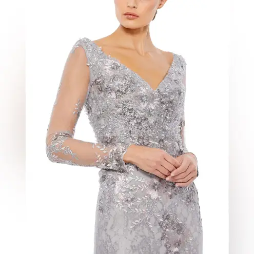 Mac Duggal Embellished V Neck Illusion Long Sleeve Gown- NWT
