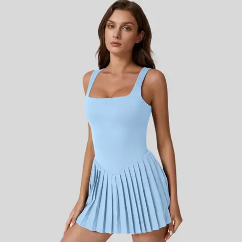 NWT QINSEN Light Blue Tennis Golf Dress Pleated Square Neck w/ Shorts XL