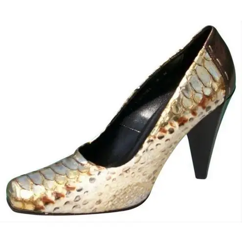Donald Pliner Couture Hand Painted Metallic Python Leather Pump Shoe New $595 Gold