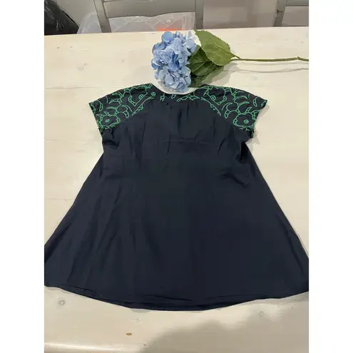 Tabitha Embroidered Tunic Top Navy Blue Green Floral Cotton Dress Size 4