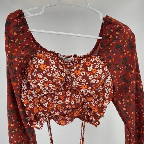 Madden NYC Junior's Shirred floral Print Peasant Top L Puff sleeve smocked Orange Size undefined