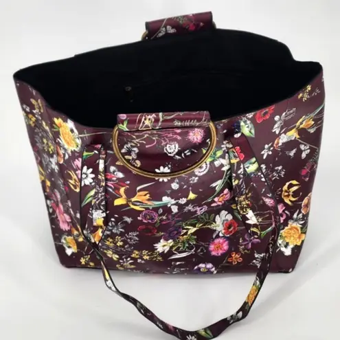 Burgundy Floral Vinyl Tote Bag Gold Ring Detail Large Work Purse 18x12x6 Red
