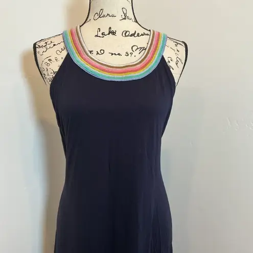 Boden Navy Maxi Dress Rainbow Trim Halter Neck Sleeveless Summer Beach Resort Black Size 6
