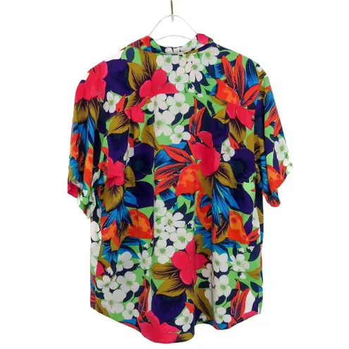 1990s Vintage Hawaiian Tropical Rainbow Floral Button Down Blouse Medium Purple