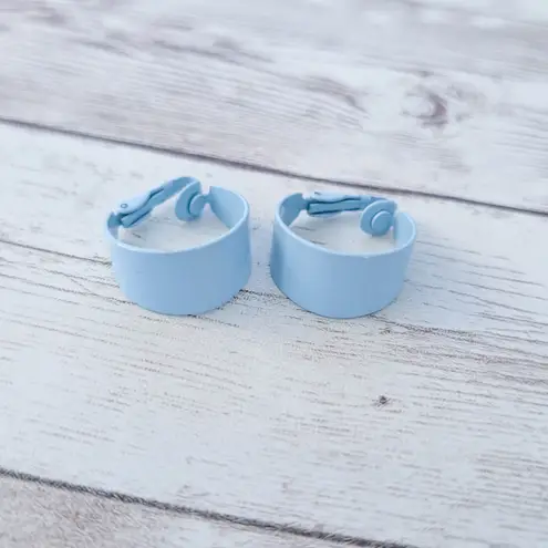 Vintage Clip On Earrings Baby Blue Chunky Retro Hoops Statement 7/8"