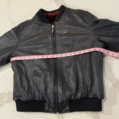 Vintage Y2K Ecko Unlimited Reversible Leather Bomber Jacket Red Fur Womens Large Black