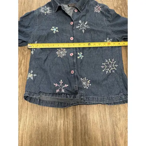 Vtg 90s New Direction Jean Denim Pastel Embroidered Snowflake Jacket Womens Sz L Blue
