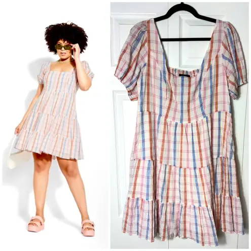 City Chic CCX Pastel Plaid Tiered Cotton Mini Dress Multicolor Size 14 XL