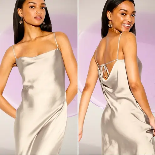 NWTS🌹THE OCCASION L🌹ELITE LINE SLEEK CHAMPAGNE SATIN DRAPED FRONT OPEN BACK MAXI Silver Size L