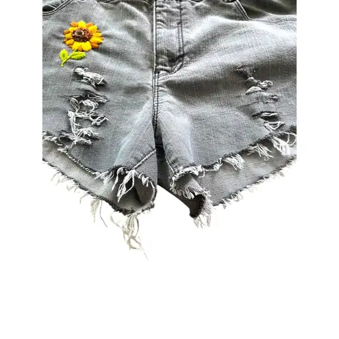 Handmade Embroidered Sunflower Festival Denim Shorts Black Size 12 Boho Summer