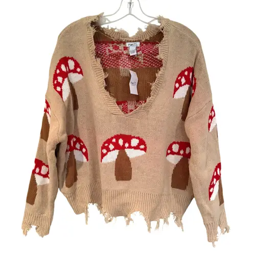 Rue 21 Mushroom Distressed V Neck Sweater Women's Large Tan Boho Hippie Retro Red