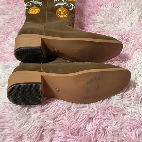 Pumpkin Cowboy Boots Embroidered Halloween Western Boots Festival Women 38 Brown Size 7.5