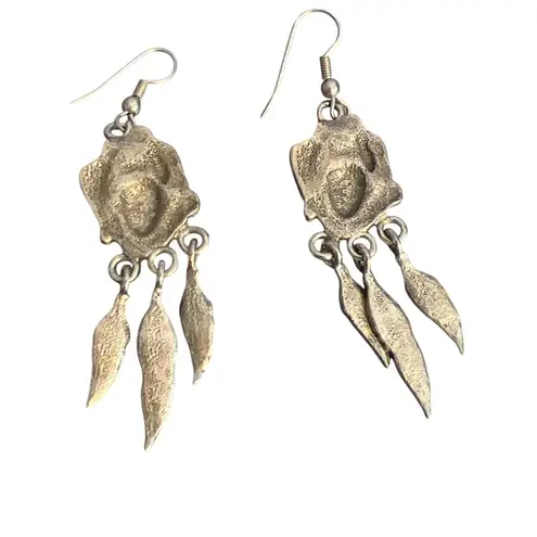 Vintage Silver Tone Dangle Earrings Cream Enamel Feather Dangles Estate 3" Yellow