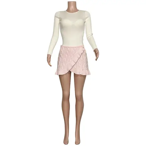Danielle Guizio GUIZIO Gemma Cable Knit Wool-Blend Wrap Mini Skirt, Pink, XS