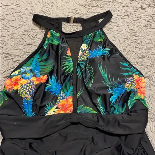 Tropical Swimsuit Black High Neck Mesh One Piece S Small New Green