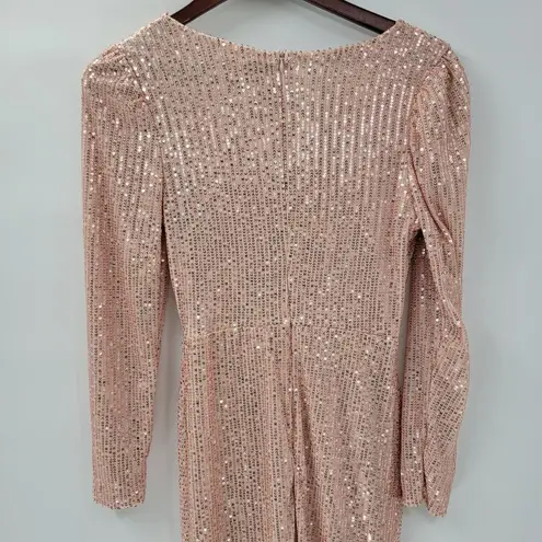 Sublime Sequined Gown S Pink Faux Wrap Long Puff Sleeve Tigh Slit Party Wedding