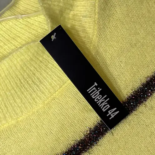 Tribekka 44 Sweater Womens Medium Citron Yellow Mock Neck Striped Rainbow Tinsel