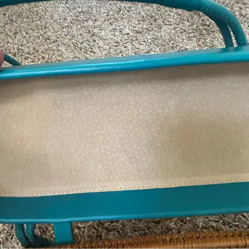 Elliott Lucca Turquoise green leather trim straw rattan woven stiff basket bag