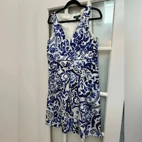 Ralph Lauren Lauren  Paisley Floral Blue & White Sleeveless Shift Dress Size 14