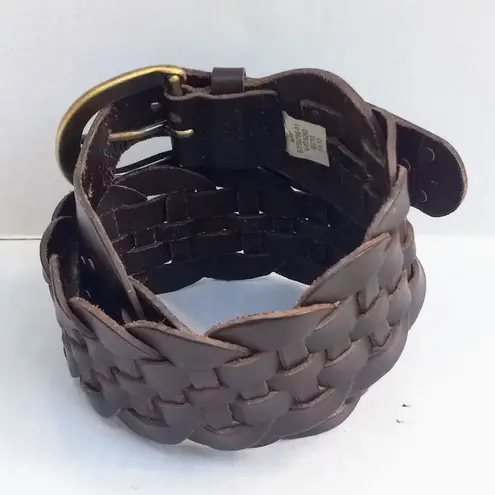 Gap Woven Braided Cow Leather Belt-Small-Wide-Brass Buckle-Dark Brown-Boho