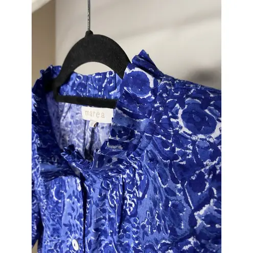 Marea by Liz Joy Women's XS Blouse Boho Cotton Blue Floral Button Up Short Slv