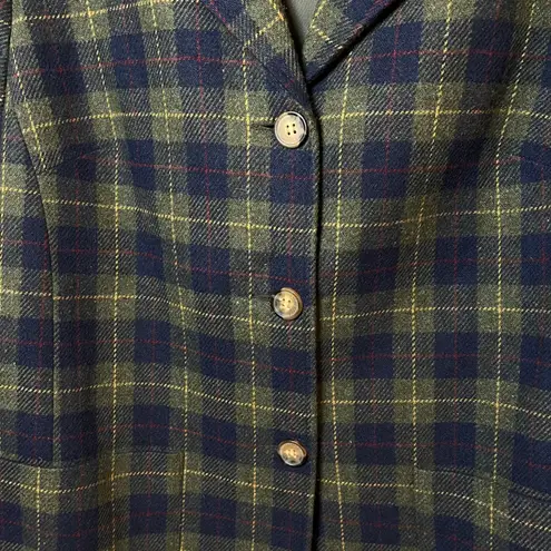 White Stag Vintage Wool Tartan Plaid Blazer Jacket Olive Green Blue Size 12 Academia Preppy