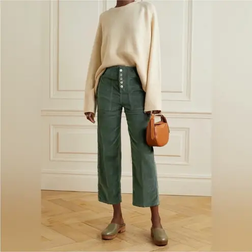 Veronica Beard Cotton Crosbie High Rise Crop Wide Leg Green Corduroy Pants 30