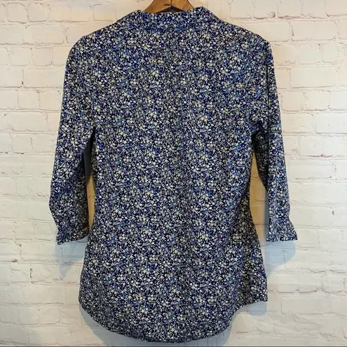 L.L.Bean  popover blouse blue tan floral roll sleeve Size Small