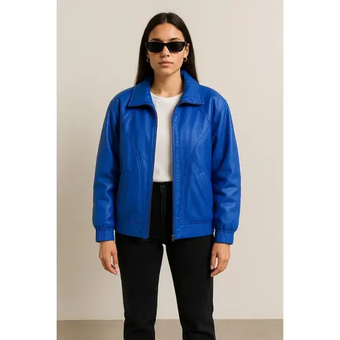 Andrew Marc Vintage 80's Electric Blue 100% Genuine Leather Jacket Womens Medium - Image 13