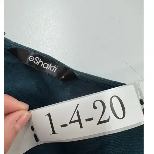 Eshakti Dress Womens 2 Blue Long Sleeve Midi Ruched Bodice Flare Cotton Spandex