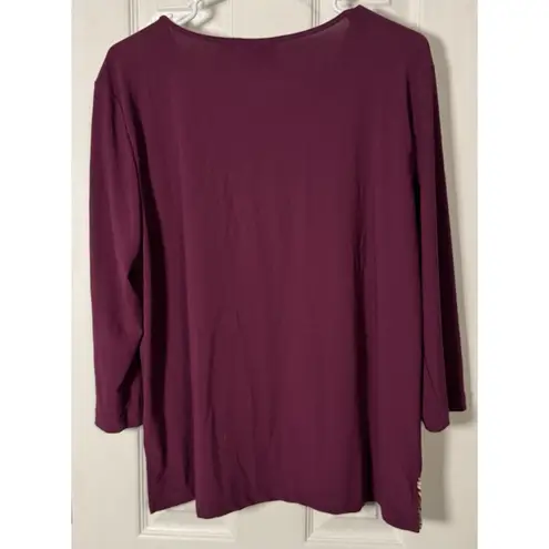 Alfred Dunner Maroon Long Sleeve Blouse, Tan/Brown Detail With Gold Studs, M