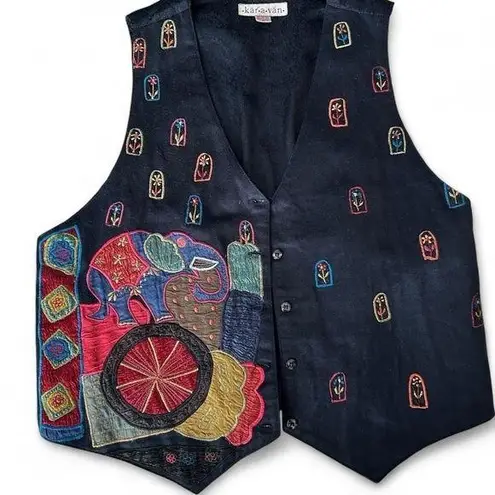Boho Elephant Embroidered Vest | Vintage Kāra•vān | Folk Art India | Size M Black Size M
