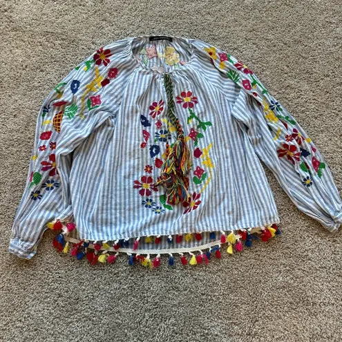 ZARA  BBWM Woman Striped Floral Fruit Embroidered Balloon Sleeve Boho Peasant Top