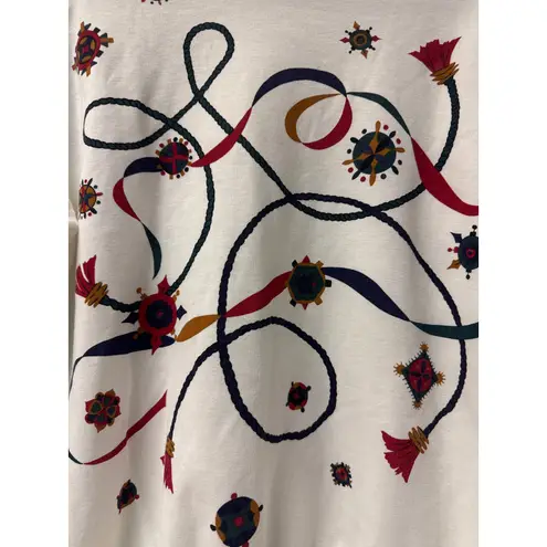 Vintage Novelty Print Sweatshirt Cream Rope Tassel Design Pullover Top Size M